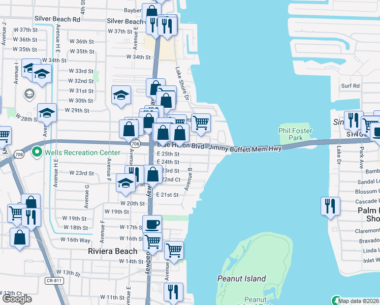 map of restaurants, bars, coffee shops, grocery stores, and more near 181 East 25th Street in West Palm Beach
