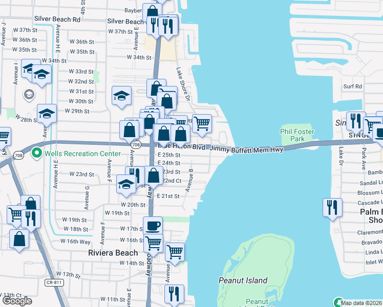 map of restaurants, bars, coffee shops, grocery stores, and more near 181 East 25th Street in West Palm Beach