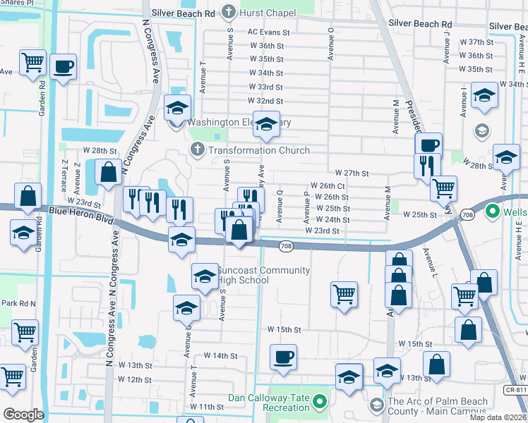 map of restaurants, bars, coffee shops, grocery stores, and more near 1525 Evergreen Court in Riviera Beach