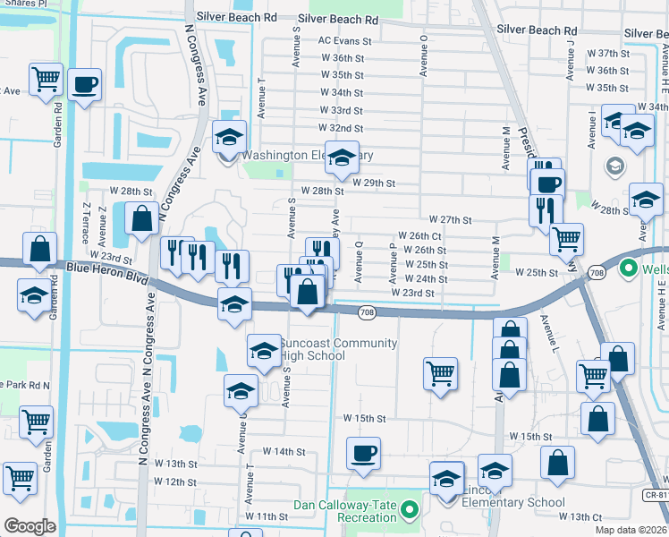 map of restaurants, bars, coffee shops, grocery stores, and more near 1525 Evergreen Court in Riviera Beach