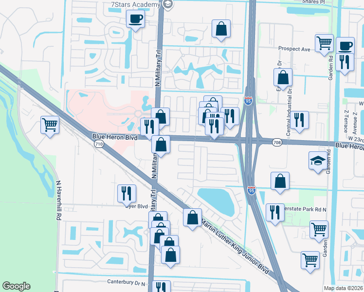 map of restaurants, bars, coffee shops, grocery stores, and more near 4317 71st Road North in Riviera Beach