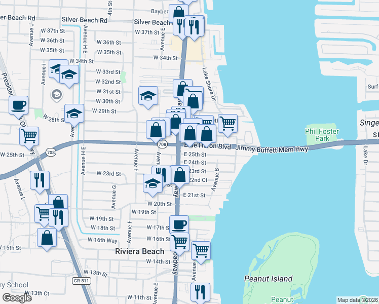 map of restaurants, bars, coffee shops, grocery stores, and more near 101 East 25th Street in West Palm Beach