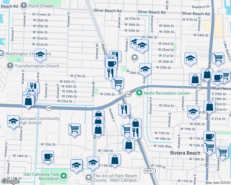 map of restaurants, bars, coffee shops, grocery stores, and more near 1035 West 25th Street in West Palm Beach
