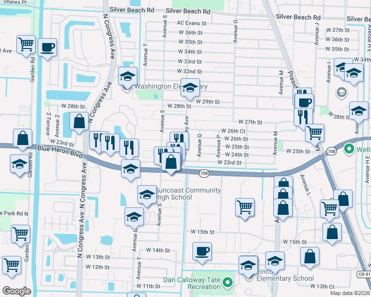 map of restaurants, bars, coffee shops, grocery stores, and more near 1525 Evergreen Court in Riviera Beach