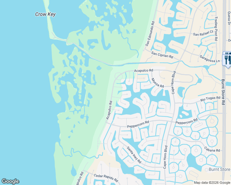 map of restaurants, bars, coffee shops, grocery stores, and more near 17094 Acapulco Road in Punta Gorda