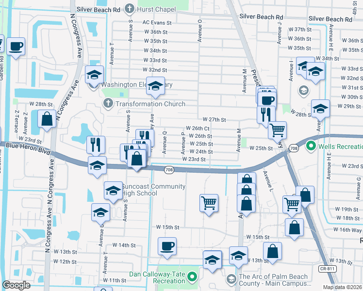 map of restaurants, bars, coffee shops, grocery stores, and more near 1300 West 24th Street in Riviera Beach