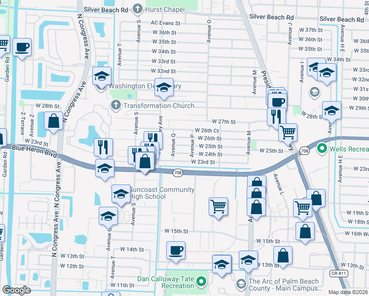 map of restaurants, bars, coffee shops, grocery stores, and more near 1300 West 24th Street in Riviera Beach