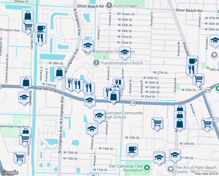 map of restaurants, bars, coffee shops, grocery stores, and more near 1568 West 24th Court in Riviera Beach