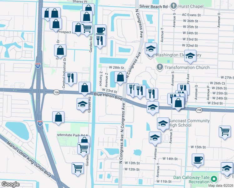 map of restaurants, bars, coffee shops, grocery stores, and more near in Riviera Beach