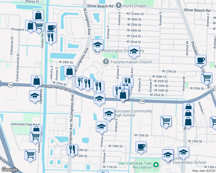 map of restaurants, bars, coffee shops, grocery stores, and more near 1655 West 25th Court in Riviera Beach
