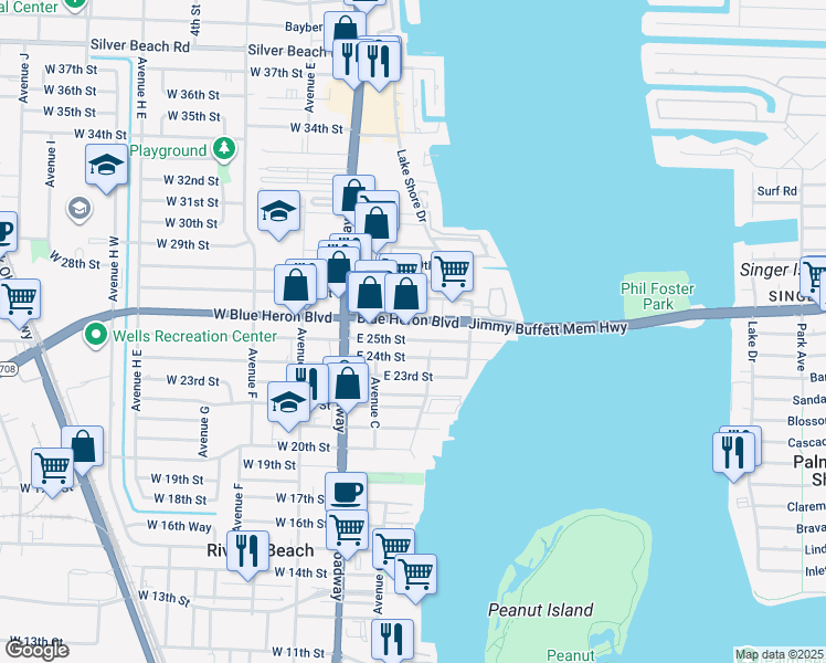 map of restaurants, bars, coffee shops, grocery stores, and more near 181 East 25th Street in West Palm Beach
