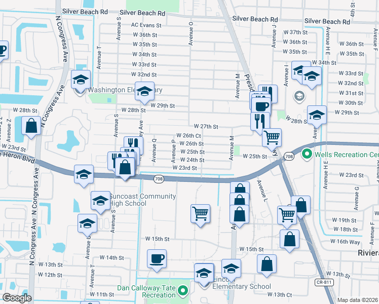 map of restaurants, bars, coffee shops, grocery stores, and more near 1230 West 24th Street in Riviera Beach