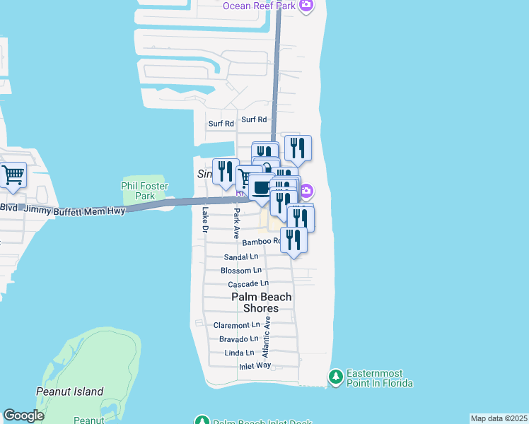 map of restaurants, bars, coffee shops, grocery stores, and more near 2413 Beach Court in West Palm Beach