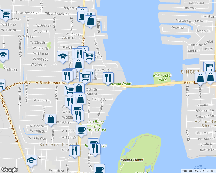 map of restaurants, bars, coffee shops, grocery stores, and more near 237 E Blue Heron Blvd in West Palm Beach