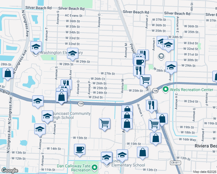 map of restaurants, bars, coffee shops, grocery stores, and more near 1150 West 24th Street in West Palm Beach
