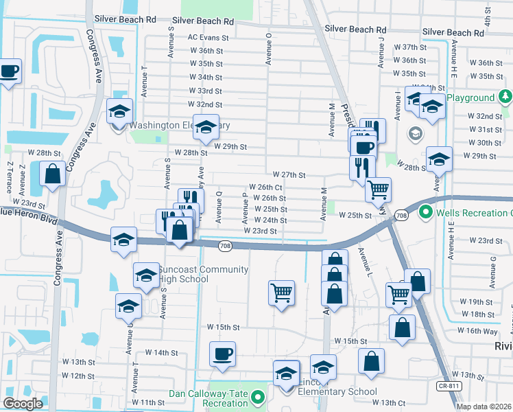 map of restaurants, bars, coffee shops, grocery stores, and more near 1230 West 24th Street in Riviera Beach