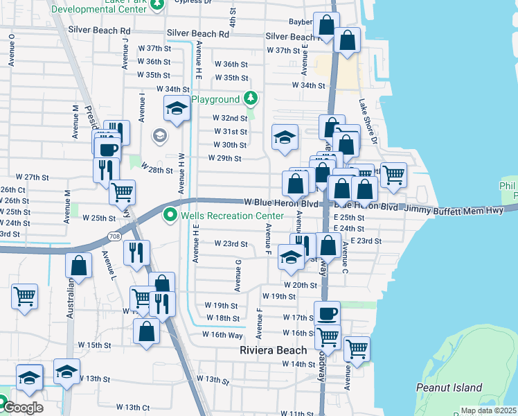map of restaurants, bars, coffee shops, grocery stores, and more near 247 West 25th Street in West Palm Beach