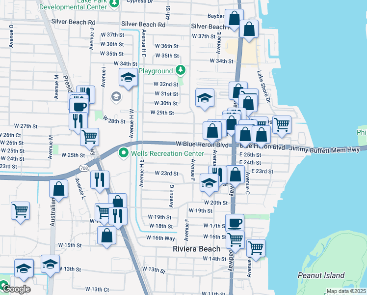 map of restaurants, bars, coffee shops, grocery stores, and more near 247 West 25th Street in West Palm Beach