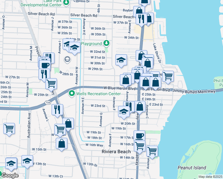 map of restaurants, bars, coffee shops, grocery stores, and more near 253 West 27th Street in West Palm Beach