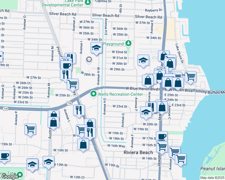 map of restaurants, bars, coffee shops, grocery stores, and more near 520 West Blue Heron Boulevard in West Palm Beach