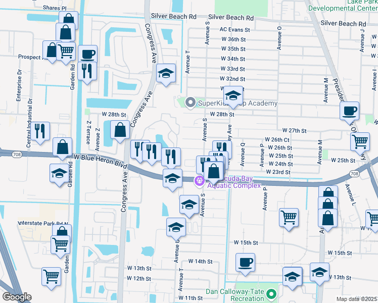 map of restaurants, bars, coffee shops, grocery stores, and more near 1659 West 26th Court in West Palm Beach