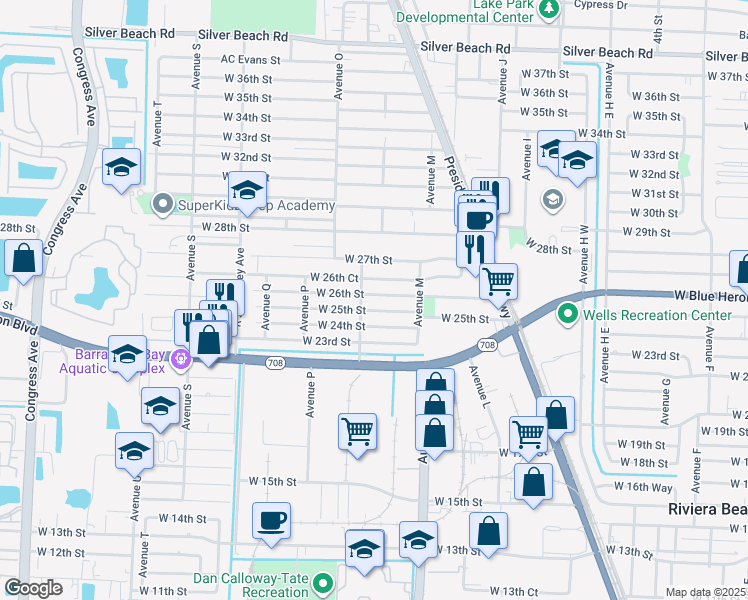 map of restaurants, bars, coffee shops, grocery stores, and more near 1153 West 26th Court in West Palm Beach