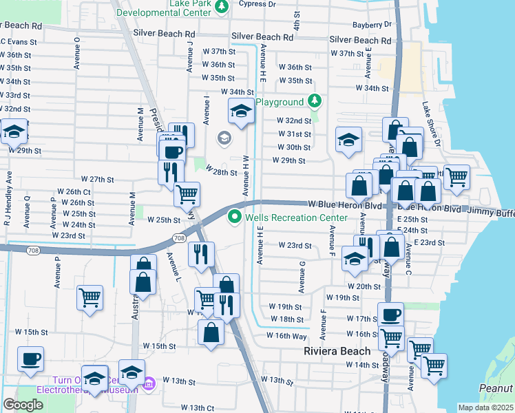 map of restaurants, bars, coffee shops, grocery stores, and more near 520 West Blue Heron Boulevard in West Palm Beach