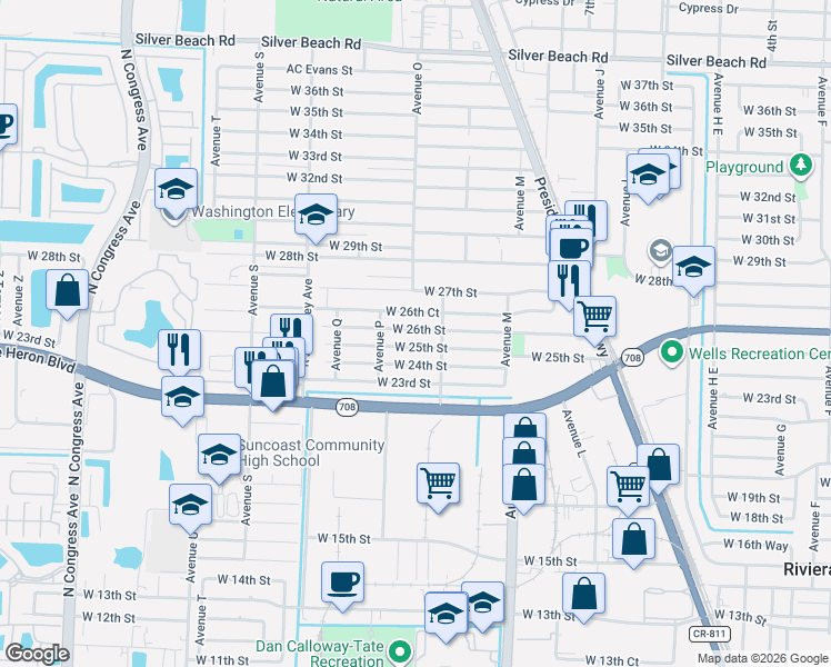 map of restaurants, bars, coffee shops, grocery stores, and more near 1221 West 26th Street in West Palm Beach