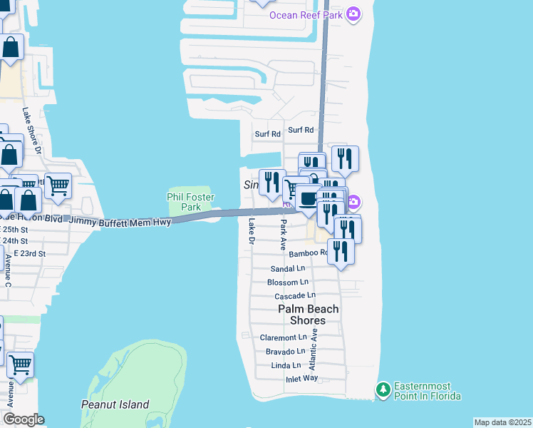 map of restaurants, bars, coffee shops, grocery stores, and more near 1100 Blue Heron Boulevard in West Palm Beach