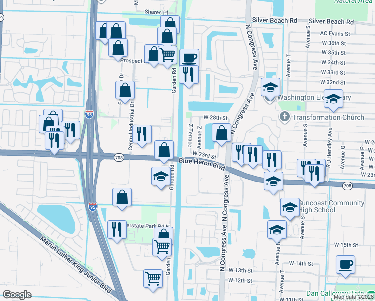map of restaurants, bars, coffee shops, grocery stores, and more near 2309 Z Terrace in West Palm Beach