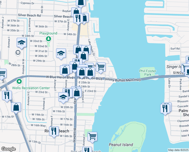 map of restaurants, bars, coffee shops, grocery stores, and more near 171 East 27th Street in West Palm Beach