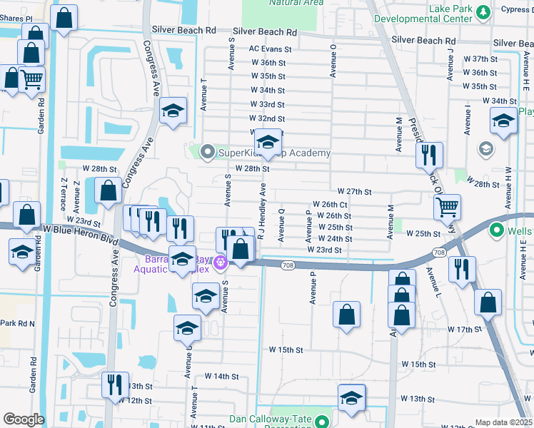 map of restaurants, bars, coffee shops, grocery stores, and more near 2631 R J Hendley Avenue in West Palm Beach