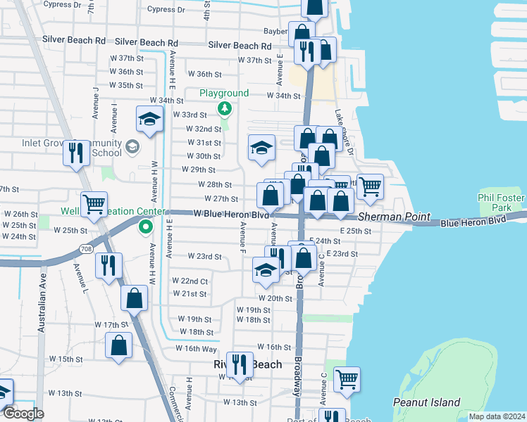 map of restaurants, bars, coffee shops, grocery stores, and more near 126 West Blue Heron Boulevard in Riviera Beach