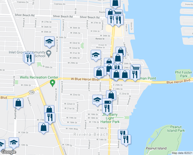 map of restaurants, bars, coffee shops, grocery stores, and more near 126 West Blue Heron Boulevard in Riviera Beach