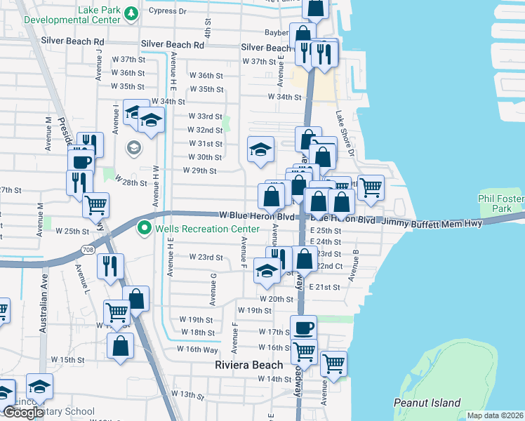 map of restaurants, bars, coffee shops, grocery stores, and more near in Riviera Beach