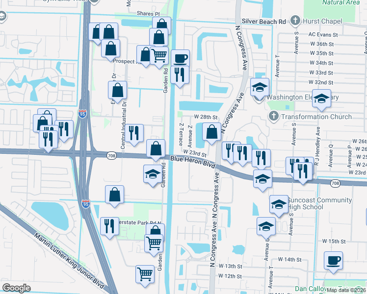 map of restaurants, bars, coffee shops, grocery stores, and more near 2309 Z Terrace in West Palm Beach