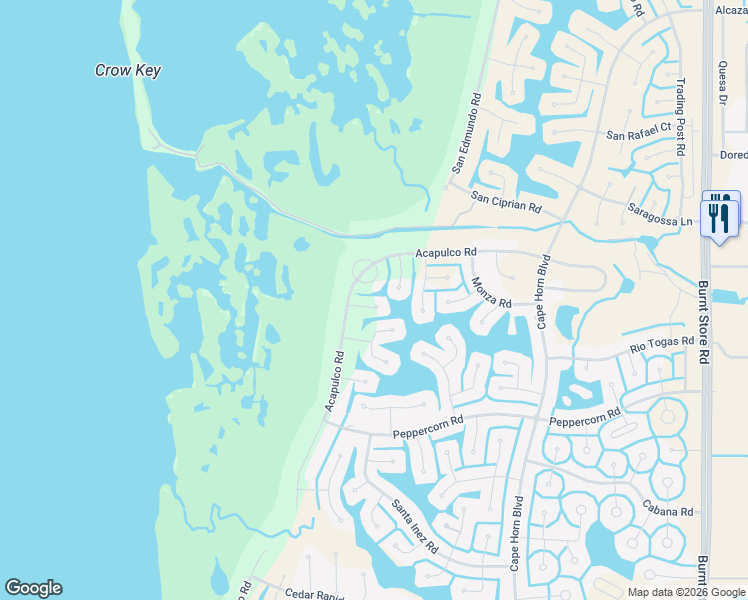 map of restaurants, bars, coffee shops, grocery stores, and more near 17048 Acapulco Road in Punta Gorda