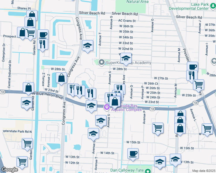 map of restaurants, bars, coffee shops, grocery stores, and more near 2609 Avenue S in Riviera Beach