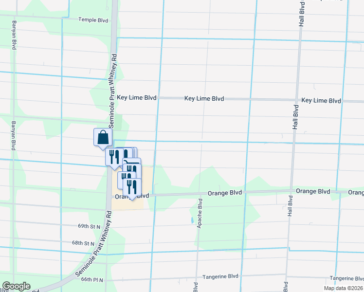 map of restaurants, bars, coffee shops, grocery stores, and more near 15551 72nd Court North in Loxahatchee
