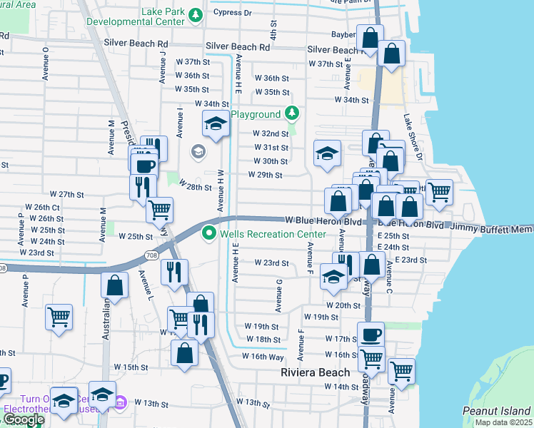 map of restaurants, bars, coffee shops, grocery stores, and more near 360 West Blue Heron Boulevard in West Palm Beach