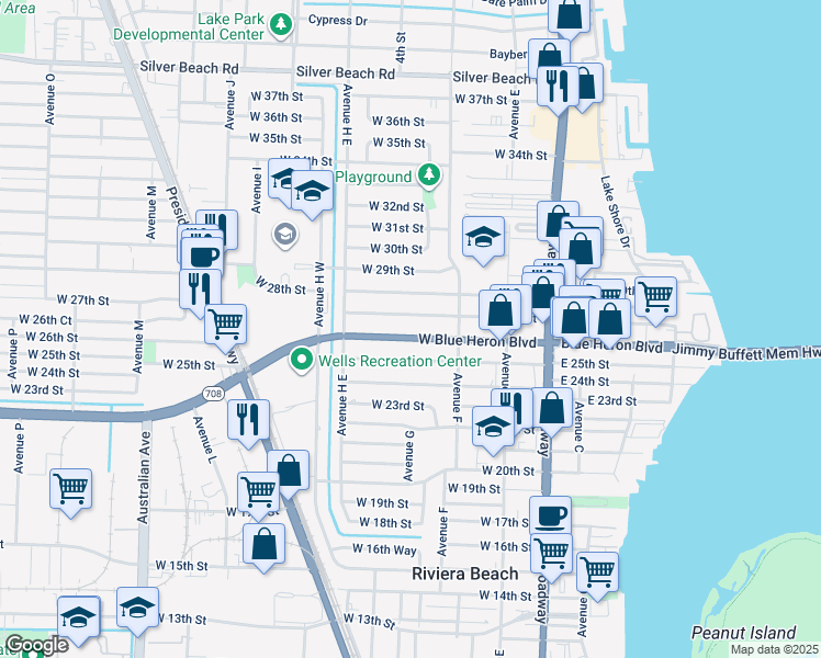 map of restaurants, bars, coffee shops, grocery stores, and more near 253 West 27th Street in West Palm Beach