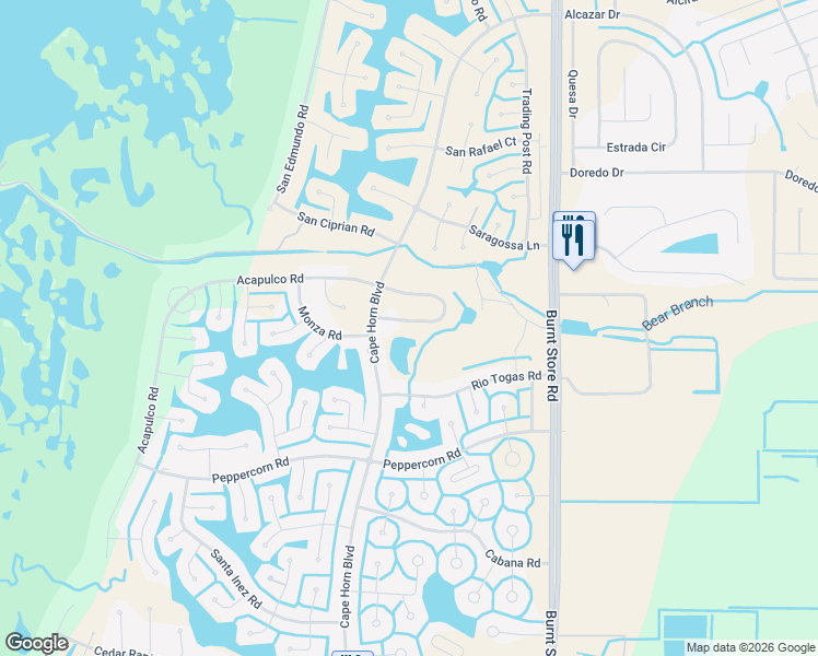 map of restaurants, bars, coffee shops, grocery stores, and more near 16633 Acapulco Road in Punta Gorda