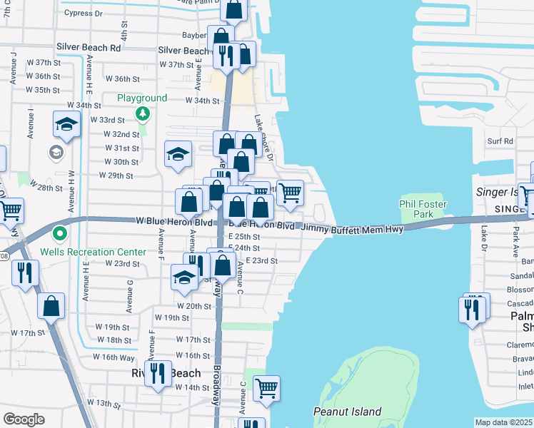 map of restaurants, bars, coffee shops, grocery stores, and more near 171 East 27th Street in West Palm Beach