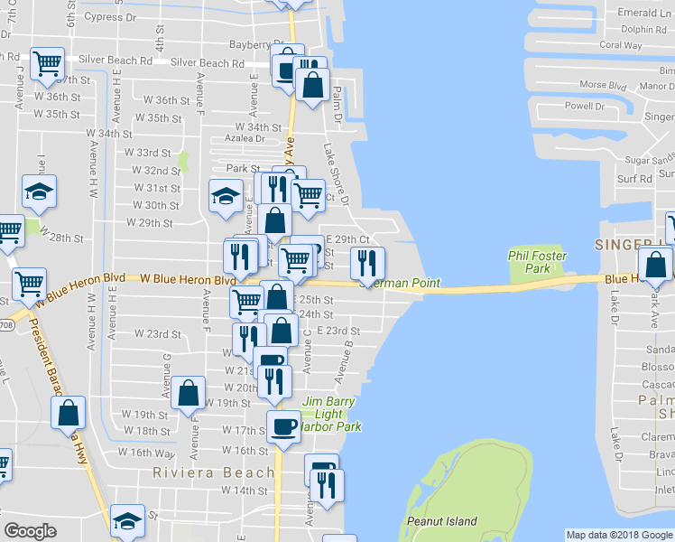 map of restaurants, bars, coffee shops, grocery stores, and more near 171 East 27th Street in West Palm Beach