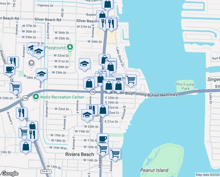 map of restaurants, bars, coffee shops, grocery stores, and more near 57 East 27th Street in West Palm Beach