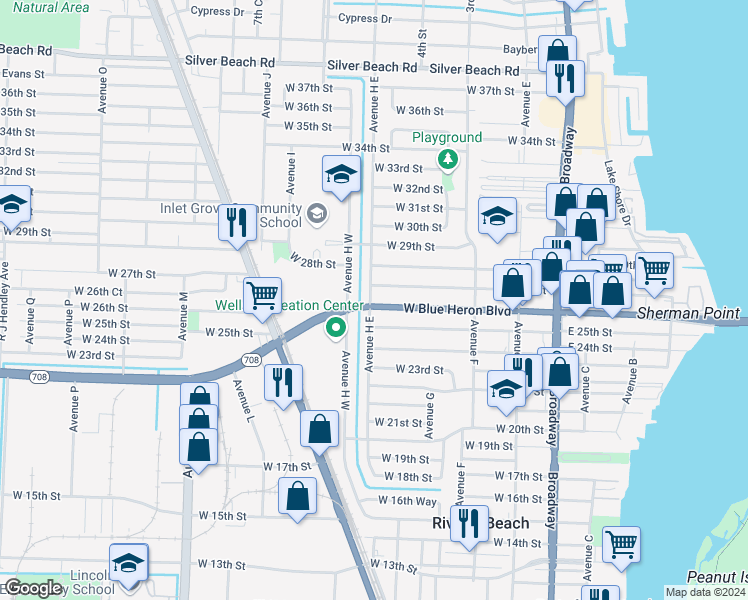 map of restaurants, bars, coffee shops, grocery stores, and more near 520 West Blue Heron Boulevard in West Palm Beach