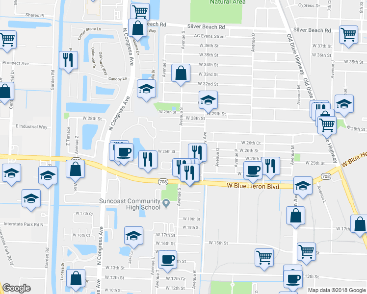 map of restaurants, bars, coffee shops, grocery stores, and more near 2624 Avenue S in Riviera Beach