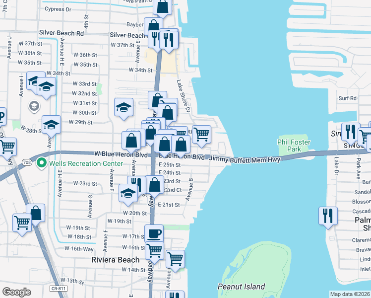 map of restaurants, bars, coffee shops, grocery stores, and more near 171 East 27th Street in West Palm Beach