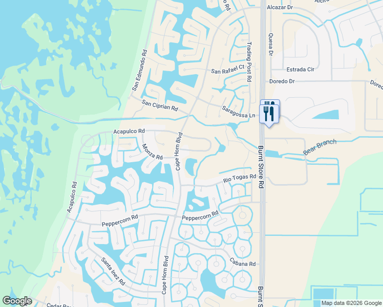 map of restaurants, bars, coffee shops, grocery stores, and more near 16633 Acapulco Road in Punta Gorda