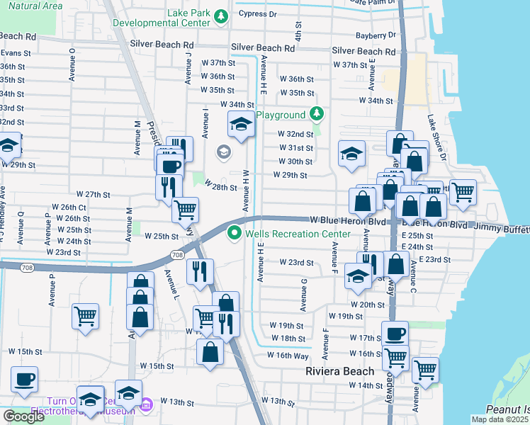 map of restaurants, bars, coffee shops, grocery stores, and more near 520 West Blue Heron Boulevard in West Palm Beach